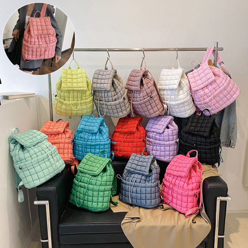 Price 8.29 USD, Weight 500g Candy Color Quilted Women Backpack Puffy Down Padded School Bag Large Cotton Travel Back Pack Bags For Women Plaids Shoulder Bag