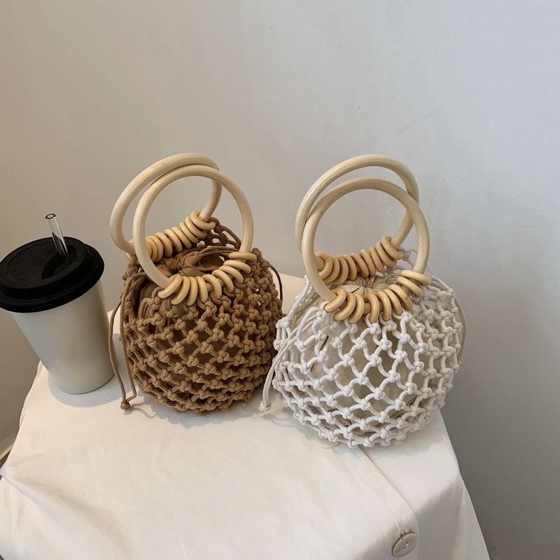 price 3.93usd weight 320g Woman Girl Fashion Woven Handbag Beach Style Wood Handle Drawstring Bucket Bag