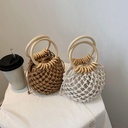price 3.93usd weight 320g Woman Girl Fashion Woven Handbag Beach Style Wood Handle Drawstring Bucket Bag