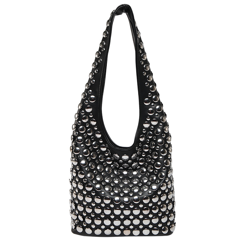 Women's new punk rivet inlaid leopard print frosted bucket bag European and American style women's diagonal shoulder bag
