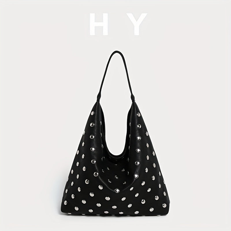 Rivet Detaylı Trend Omuz Çantası - Kadınlar için Derin Kahverengi/Siyah Renkte Şık Koltuk Altı Tote, Manyetik Kapama, Polyester Astar, Şehir İlhamlı Tasarım