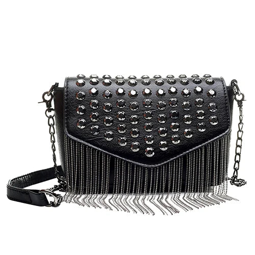 JIEROTYX Fashion Tassel Diamonds Brand Design Mini Chain Shoulder Bag Crossbody Black Leather Rivets Female Bolsa Sac A Main