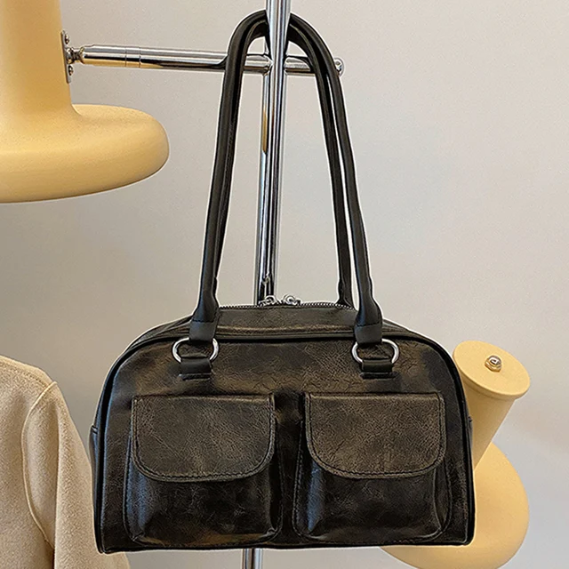 Frauen Vintage Umhängetasche Doppelt asche Pu kleine lässige Handtasche einfarbig stilvolle Achsel Taschen große Kapazität Retro Handtasche