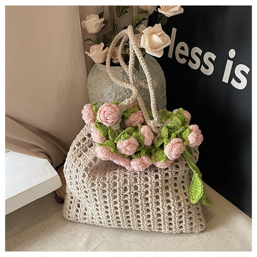 Women Elegant Knitting Handbag Large Capacity Flower Crochet Shoulder Bag Stylish Knitted Handbag Shopping Dating Handbag