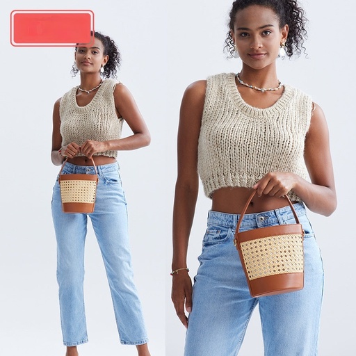 price 9.78usd weight 375g New Hand-woven Rattan Bucket Bag For Women