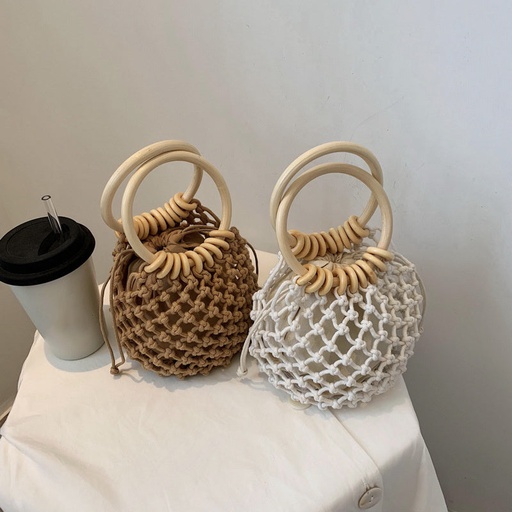 price 3.93usd weight 320g Woman Girl Fashion Woven Handbag Beach Style Wood Handle Drawstring Bucket Bag