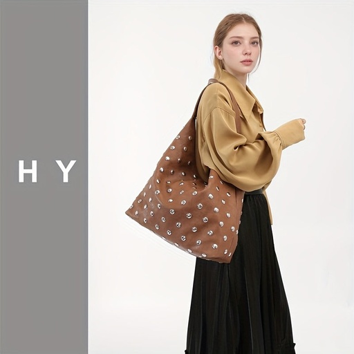 Rivet Detaylı Trend Omuz Çantası - Kadınlar için Derin Kahverengi/Siyah Renkte Şık Koltuk Altı Tote, Manyetik Kapama, Polyester Astar, Şehir İlhamlı Tasarım
