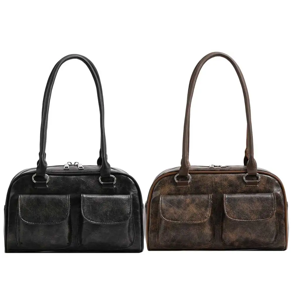 Frauen Vintage Umhängetasche Doppelt asche Pu kleine lässige Handtasche einfarbig stilvolle Achsel Taschen große Kapazität Retro Handtasche